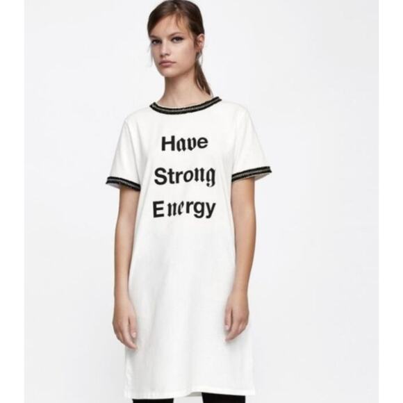 Zara T-SHIRT Dress Sz M White Have Strong Energy PARIS Designer Chain Black Trim - Picture 1 of 16
